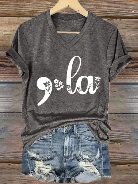 

Custom Comma-la Flowers Crew Neck Text Letters Loose Simple T-Shirt, Deep gray, T-shirts