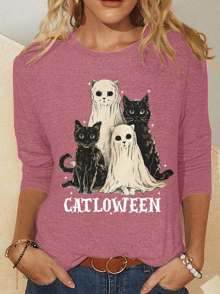 Catloween Funny Halloween Casual Long Sleeve Shirt, Watermelon, Long sleeves