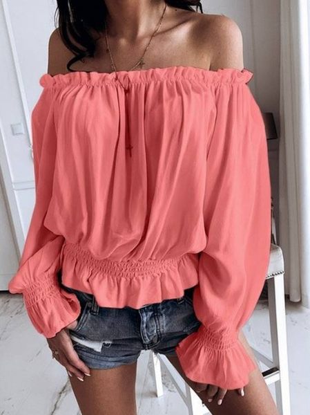 

Off The Shoulder Long Sleeve Plain Regular Loose Blouse For Women, Pink, Blouses