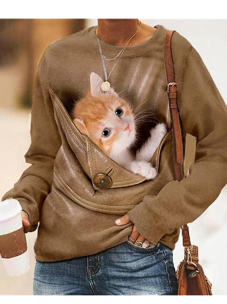 Casual Crew Neck Cat Sweatshirt, Khaki, Hoodies & Sweatshirts