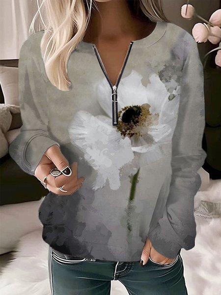 

Casual Crew Neck Floral Sweatshirt, Gray, Hoodies & Sweatshirts