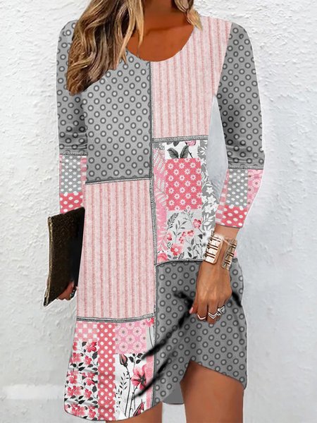 

Women Floral Crew Neck Long Sleeve Comfy Casual Mini Dress, Pink, Dresses