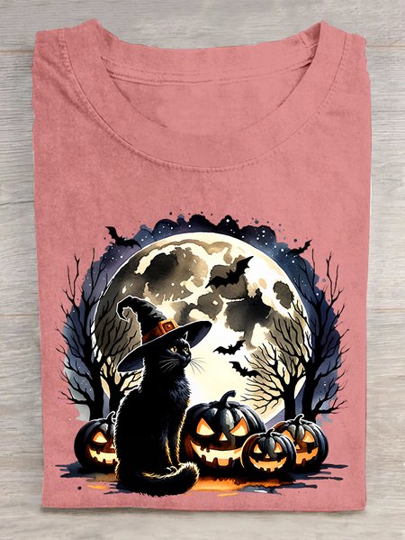 

Happy Halloween Cat Cotton T-shirt, Orange pink, T-shirts