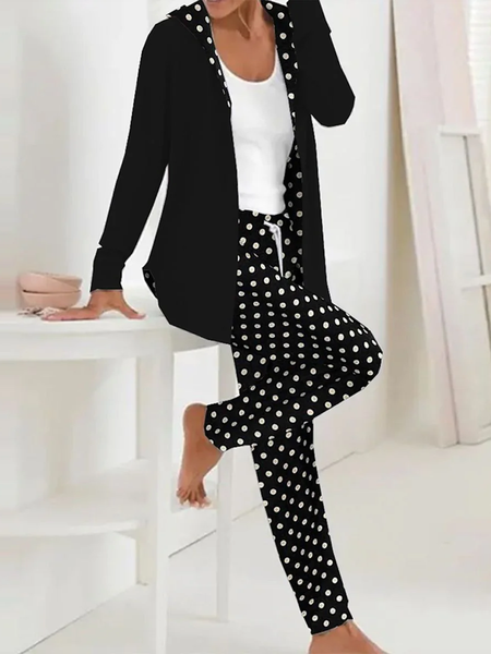 

Women Polka Dots Hoodie Long Sleeve Comfy Casual Coat With Pants Two-Piece Set, Black, Sets