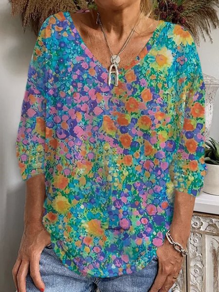 

Casual Floral V Neck Long Sleeve T-shirt, Green, T-shirts