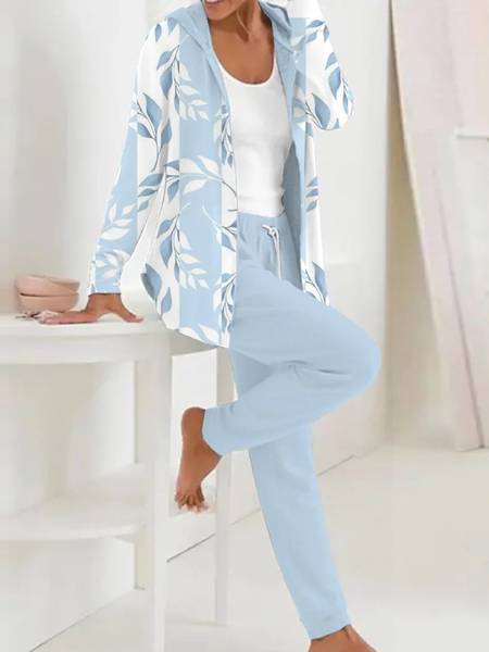 Women Floral Hoodie Long Sleeve Comfy Casual Coat With Pants Two-Piece Set, Blue, Sets