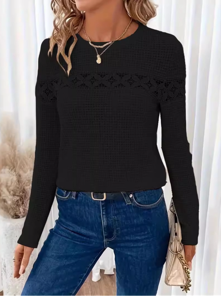 

Women's Long Sleeve Blouse Spring/Fall Plain Lace Jersey Crew Neck Daily Going Out Casual Top, Black, Blouses