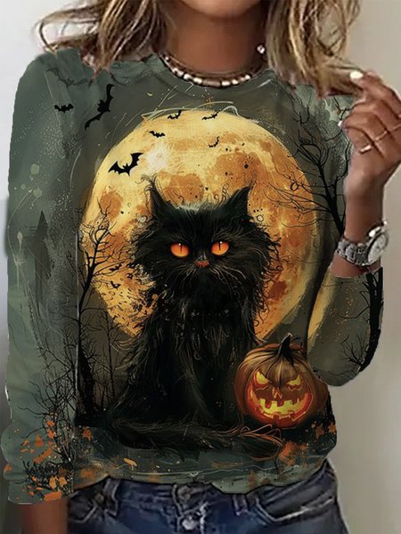 

Casual Halloween Crew Neck Long Sleeve T-shirt, Dark green, T-shirts