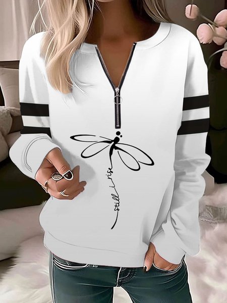 

Dragonfly print contrasting women's casual long sleeved zipper sweatshirt, White, Hoodies&Sweatshirts