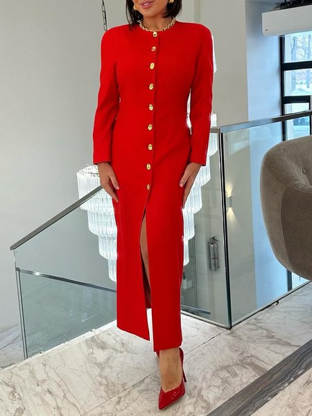 

Urban Buttoned Regular Fit Long Sleeve Dress, Red, Maxi Dresses