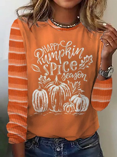 

Casual Halloween Crew Neck Long Sleeve T-shirt, Orange red, T-shirts