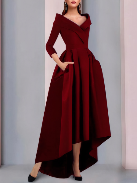 Elegant Cross Neck Pocket Stitching Plain Party Dress, Red, Maxi Dresses