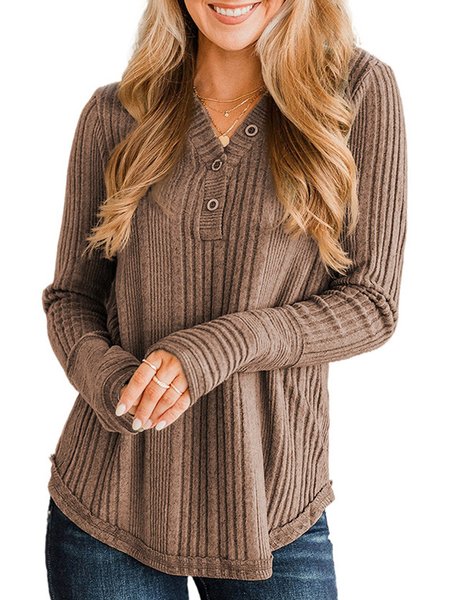 

Women's Long Sleeve Blouse Spring/Fall Plain Buckle Knitted V Neck Daily Going Out Casual Top, Brown, Shirts & Blouses