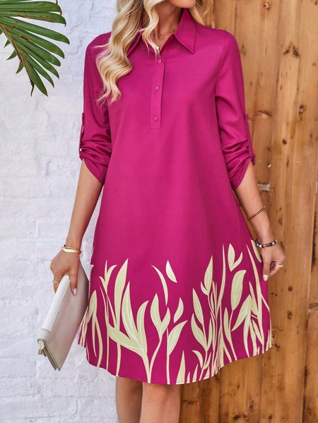 

Women's Long Sleeve Spring/Fall Leaf Buckle Dress Shirt Collar Daily Going Out Casual Midi H-Line Shirt Dress, Deep pink, Dresses