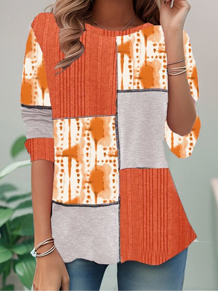 

Casual Floral Crew Neck Long Sleeve T-shirt, Orange red, Blouses