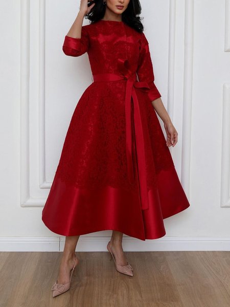 

Long Sleeve Regular Sleeve Elegant Plain Party Dress With Belt, Red, Maxi Dresses