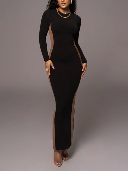 

Crew Neck Color Block Urban Tight Long Sleeve Maxi Dress, Black, Maxi Dresses