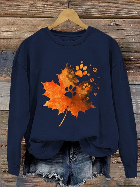 

Casual Crew Neck Maple Leaf Sweatshirt, Blue, Hoodies & Sweatshirts