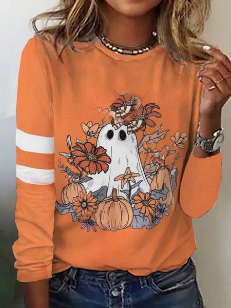 

Casual Halloween Crew Neck Long Sleeve T-shirt, Orange red, T-shirts
