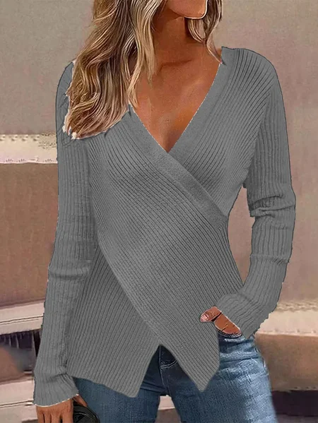 

Cross Neck Plain Cross Casual Sweater, Gray, Sweaters & Cardigans