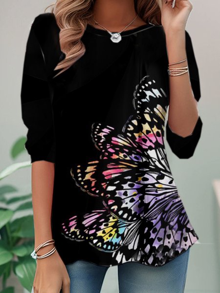 

Casual Butterfly Crew Neck Long Sleeve T-shirt, Black, Blouses