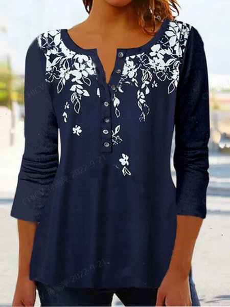 Crew Neck Long Sleeve Floral Regular Micro-Elasticity Loose Blouse For Women, Navyblue, Blouses