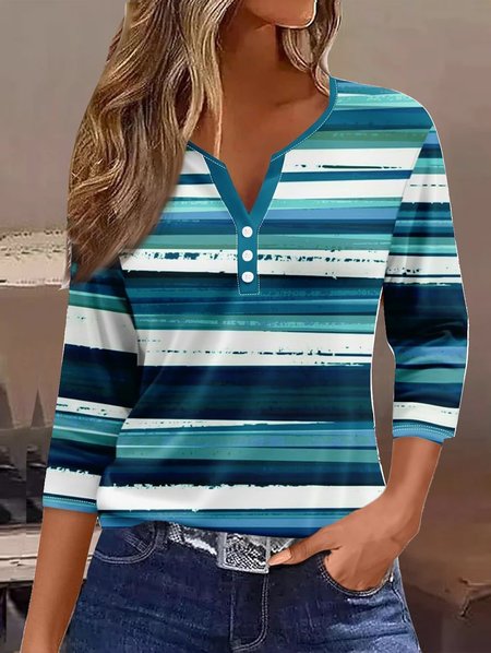 

Casual Striped Notched Three Quarter Sleeve T-shirt, Blue, T-shirts