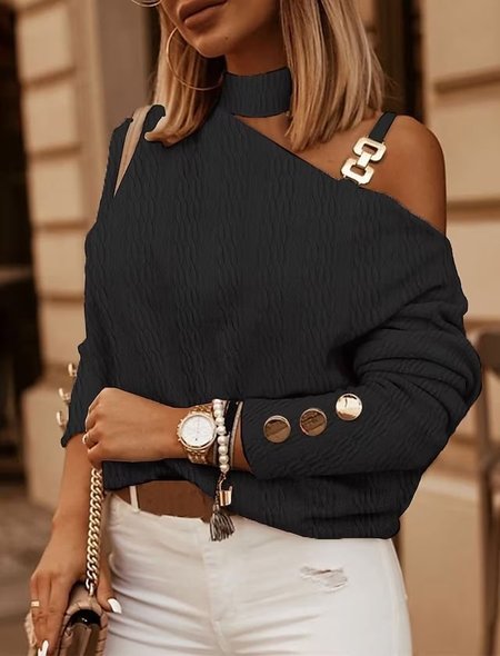 

Long Sleeve Plain Buckle Regular Loose Blouse For Women, Black, Blouses