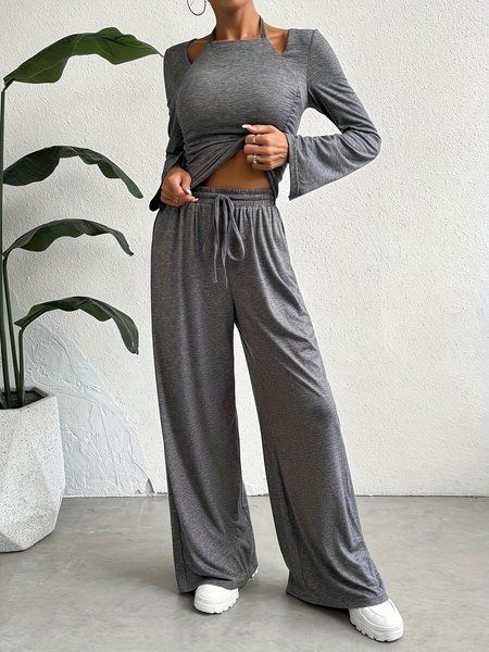 

Women Plain Shawl Collar Long Sleeve Comfy Casual Top With Pants Two-Piece Set, Gray, Sets
