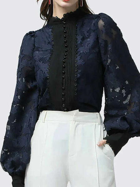 

Loose Stand Collar Balloon Sleeve Color Block Urban Shirt, As picture, Blouses and Shirts