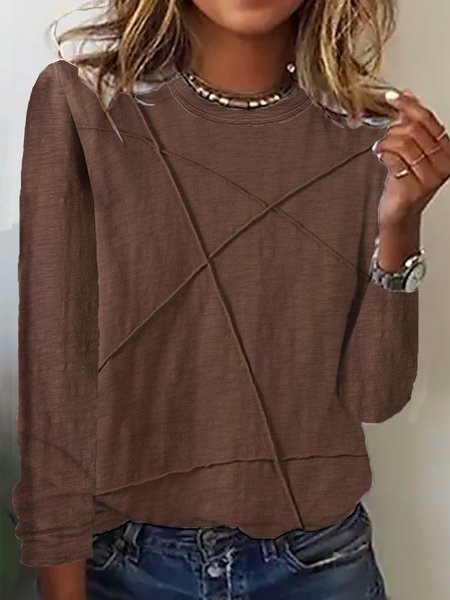 

Women's Long Sleeve Tee T-shirt Spring/Fall Plain Pleated Jersey Crew Neck Daily Going Out Casual Top, Coffee, T-Shirts