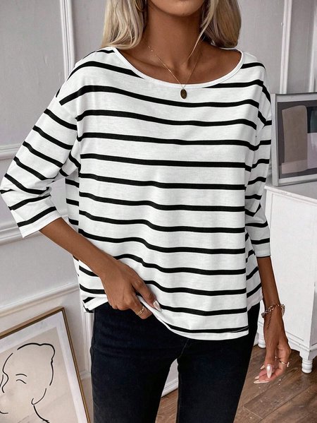 

Women's Three Quarter Sleeve Tee T-shirt Spring/Fall Striped Knitted Crew Neck Daily Going Out Casual Top, White, T-Shirts