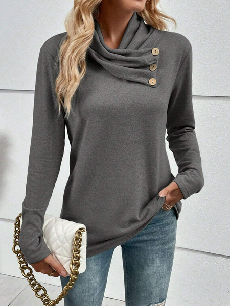 

Plain Casual Button Cross Collar Top For Women, Deep gray, Long Sleeves