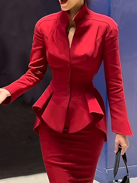 

Micro-Elasticity Elegant Plain Regular Sleeve Stand Collar Long Sleeve Regular Fit Jacket, Red, Jackets