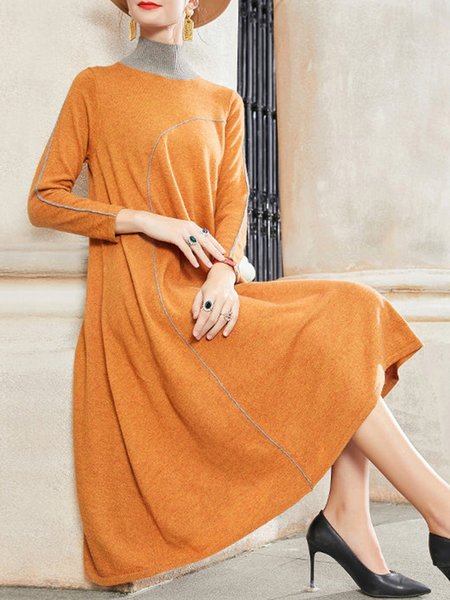 

Elegant Color Block Stand Collar Sweater Dress, Orange, Midi Dresses