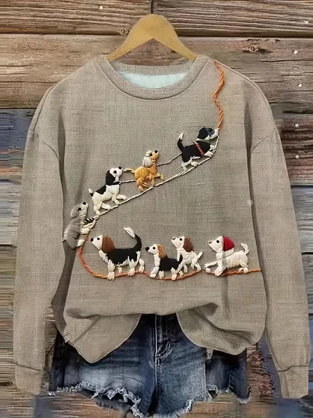 

Funny dog print women's casual long sleeved round neck pullover sweatshirt, Light khaki, Hoodies&Sweatshirts