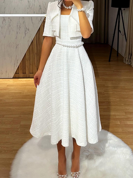 

Square Neck Elegant Regular Fit Regular Sleeve Midi Dress, White, Midi Dresses