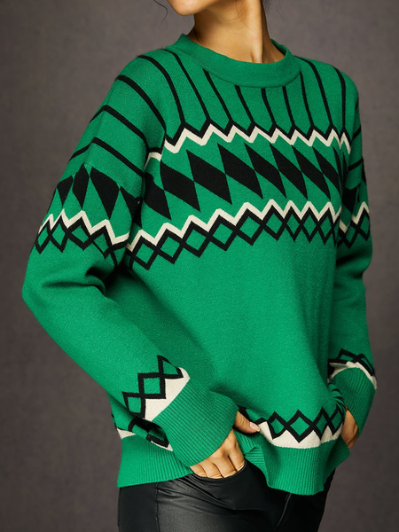 

Retro Geometric Print Sweater, As picture, Pullovers