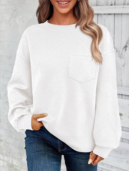 

Women's Crew Neck Plain Jacquard Casual Spring/Fall Jacquard Long Sleeve Sweatshirt, White, Sweatshirts & Hoodies