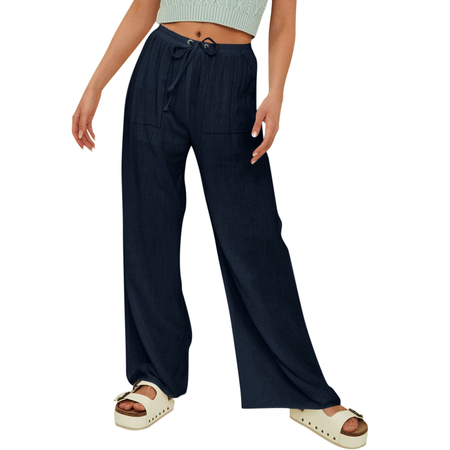 

Women's Elastic Waist H-Line Straight Pants Daily Going Out Pants Black Casual Plain Spring/Fall Pants, Deep blue, Pants