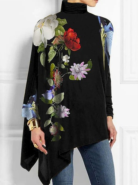 Printing Turtleneck Floral Urban Loose Blouse, As picture, Blouses and Shirts