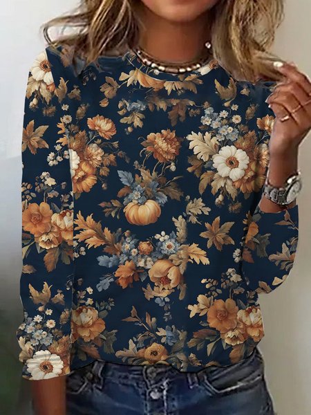 Casual Floral Crew Neck Loose T-Shirt, Blue, Long sleeves