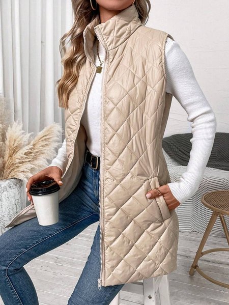 Women's Plain Fleece Thicken Regular Fit Vest, Apricot, Vest
