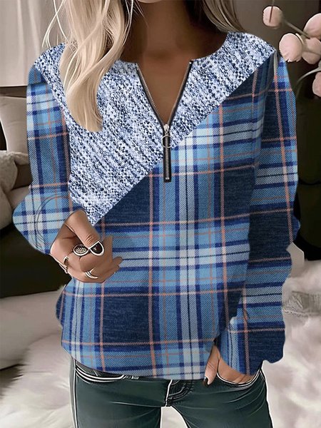 

Casual Crew Neck Plaid Sweatshirt, Blue, Hoodies & Sweatshirts