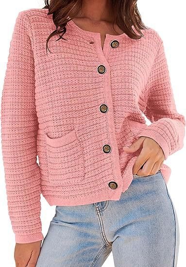 

Women's Casual Spring/Fall Plain Wool/Knitting Buckle Cardigan, Pink, Cardigans