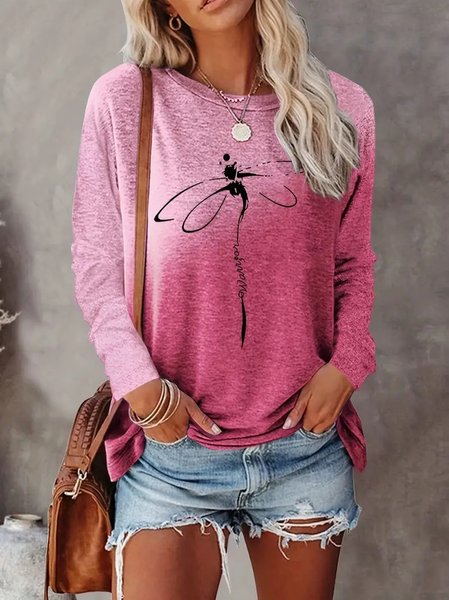 

Casual Color Block Crew Neck Long Sleeve T-shirt, Pink, T-shirts