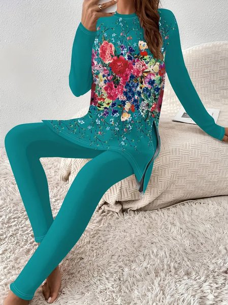 

Women Floral Crew Neck Long Sleeve Comfy Casual Top With Pants Two-Piece Set, Green, Sets