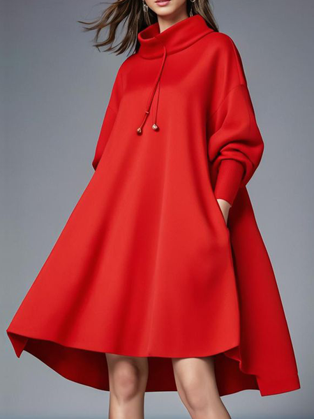 

Medium Elasticity Dolman Sleeve Loose Long Sleeve Stand Collar Casual Plain Mini Dress, Red, Mini Dresses