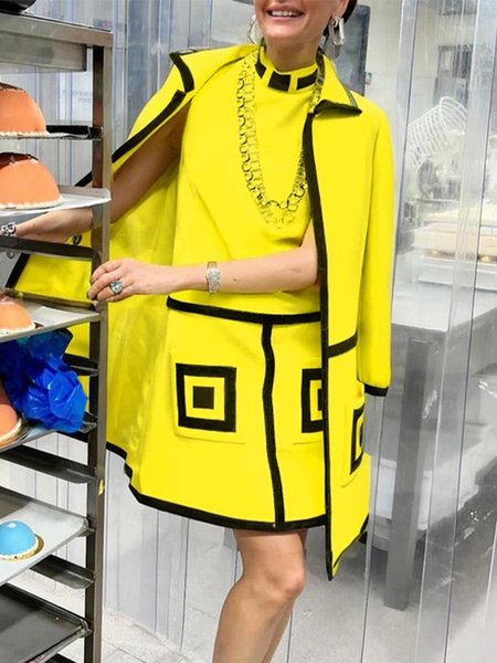 

Stand Collar Color Block Split Joint Urban Mini Dress, Yellow, Mini Dresses