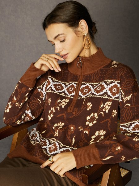Half-Zip Neckline Floral Loose Sweater, Brown, Pullovers